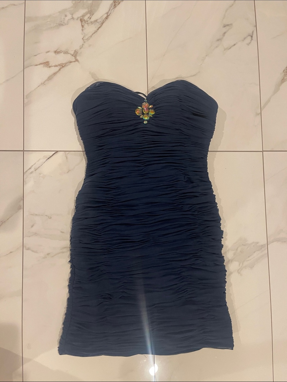Alyce Strapless Navy Ruched Cocktail Dress with Jewel Accent size 2